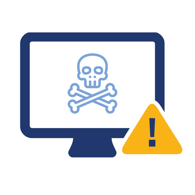 Computer screen icon with skull and cross bones and warning symbol