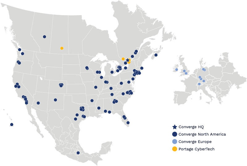 Converge map depicting location across North America and Europe.